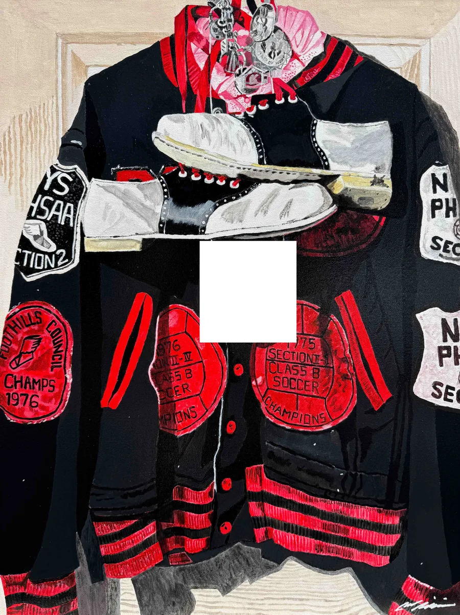 A mixed-media painting features a black-and-red varsity jacket hanging on a door. Saddle shoes and other items are arranged around the collar to complement the display.